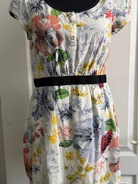Floral Midi Dress with Black Waistband - White Multi